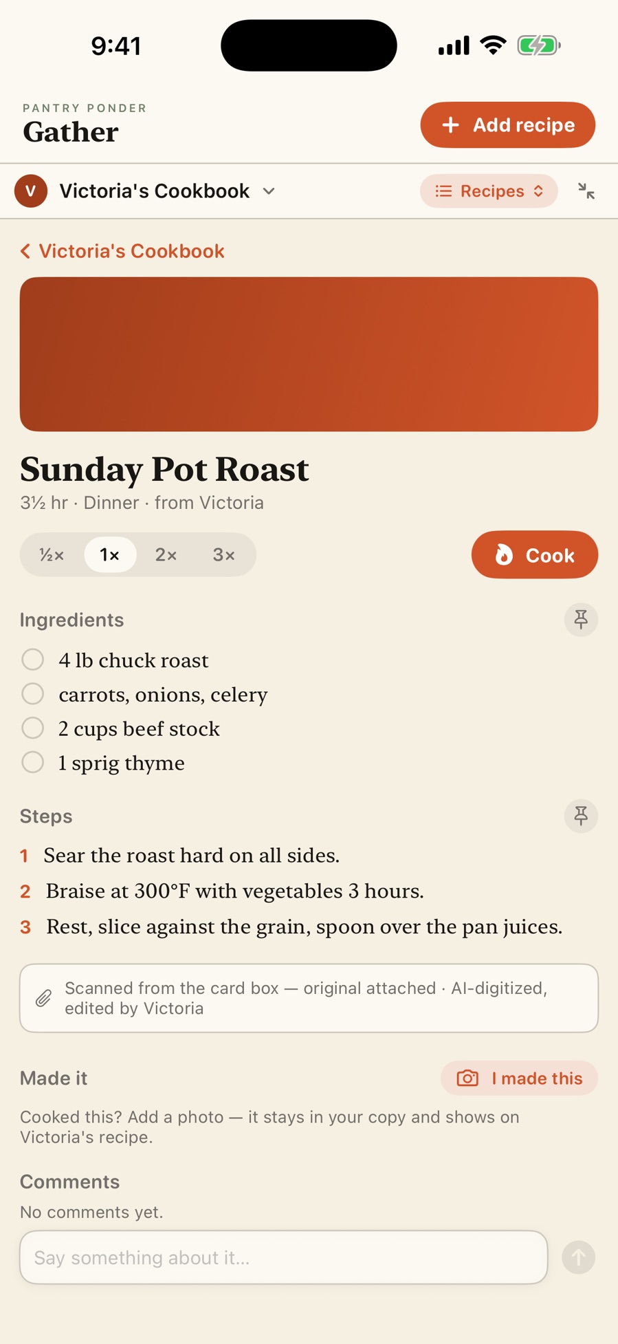 The Cookbook iOS app showing Victoria's Sunday Pot Roast: ingredients with real quantities, numbered steps, a scale control from a half up to triple, and a Cook button.